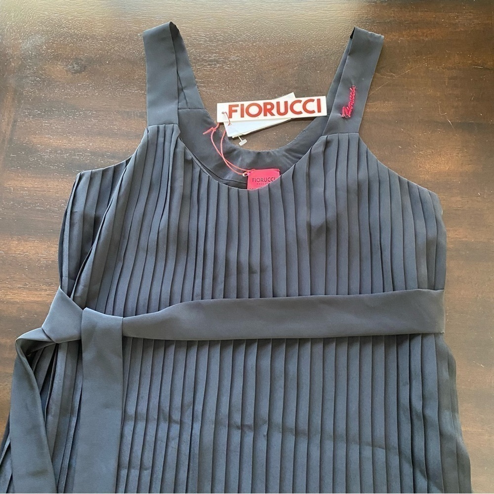 FIORUCCI NWT Black Pleaded V-neck Sleeveless Bow tie Lined Midi Dress IT42 US8